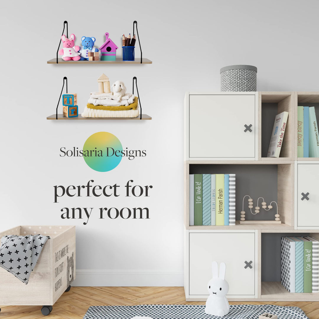 Solisaria Designs Floating Shelves, 16" Modern Decorative Wall Shelf Decor 2pk, Walnut Color, Bathroom, Living Room Corner Shelf, Rustic Wall Decor for Bedroom