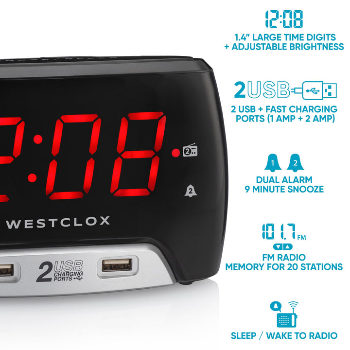 Westclox Large 1.4â€ Red LED Digital FM Clock Radio with Dual USB A & C Charging Ports, Adjustable Brightness, Dual Alarms & Sleep Timer â€“ Modern Alarm Clock for Bedroom, Home, or Office (Black)