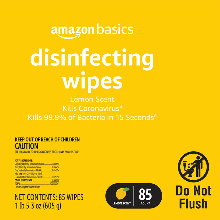Amazon Basics Disinfecting Wipes, Lemon Scent, Sanitizes/Cleans/Disinfects/Deodorizes, 85 Count