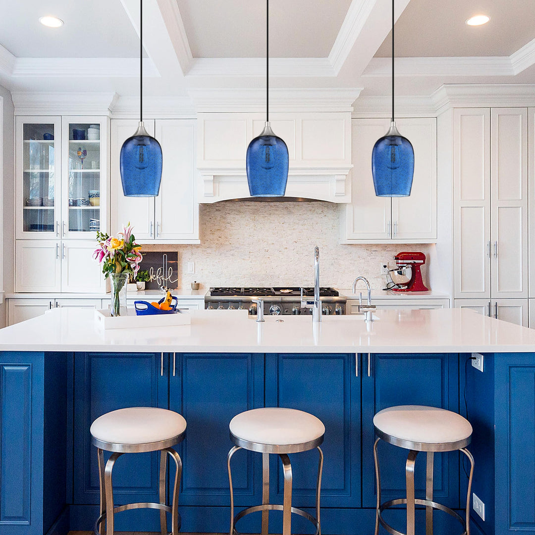 3 Pack 1 Light Hanging Indoor Kitchen Island Pendant Lights 5.1" Hand Blown Black Seeded Ancient Blue Glass Ceiling Light Fixtures Brushed Nickel Finish Modern Farmhouse Dinning Over Sink