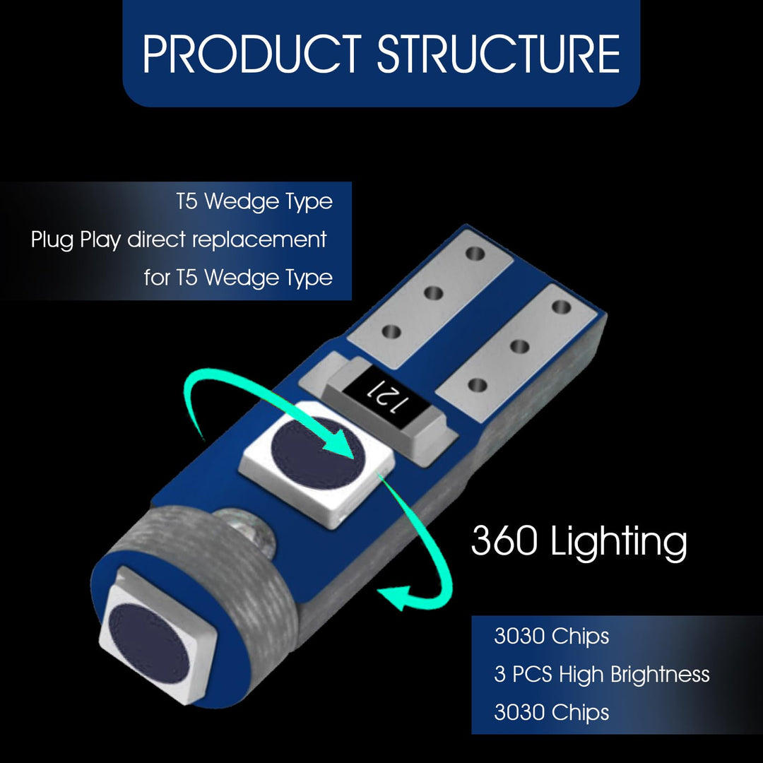 Jawmoy 10 PCS T5 Car LED Dash Lights, 6000K 100LM LED Bulbs, Car Interior Replacement Accessories, Universal for Most Cars, Trucks and Vans (Blue), JACD918BE-10PS