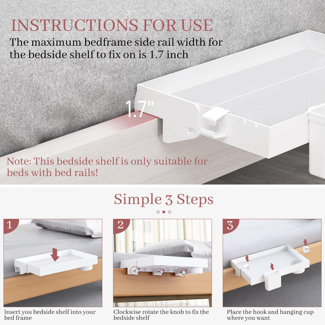 SOLEJAZZ Bedside Shelf for Bed, Foldable Bunk Bed Shelf Clip On Nightstand Tray College Dorm Room Essential Table Caddy with Drawer, Cup & Cord Holder for Top Bunk Organizer Bedroom Nightstand, White
