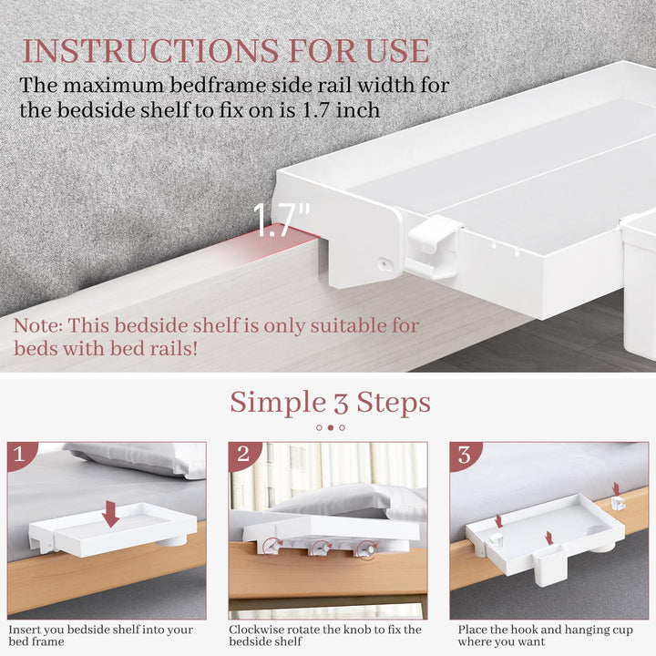 SOLEJAZZ Bedside Shelf for Bed, Foldable Bunk Bed Shelf Clip On Nightstand Tray College Dorm Room Essential Table Caddy with Drawer, Cup & Cord Holder for Top Bunk Organizer Bedroom Nightstand, White