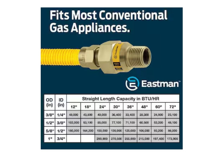 Eastman 48 Inch x 1/2 Inch OD Flexible Gas Line Connector with (2) 1/2 Inch MIP Fitting Ends for Natural Gas and Liquid Propane, Stainless Steel, Yellow, 20YE505048B