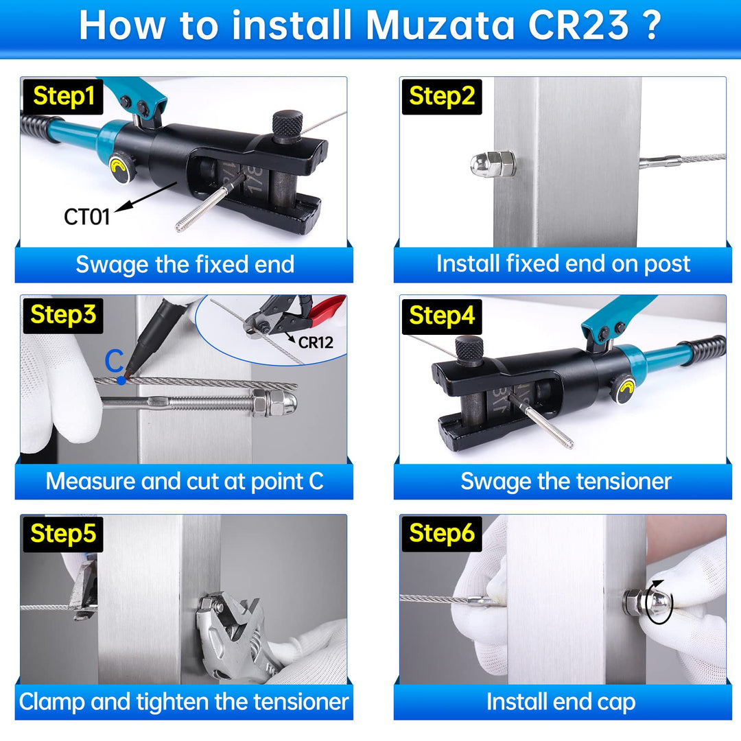 Muzata 60Pack 1/8" Cable Railing Kit Hand Swage Threaded Stud Tensioner 2x2 Metal Post with Cable Cutter Deck Stair Cable Railing Hardware