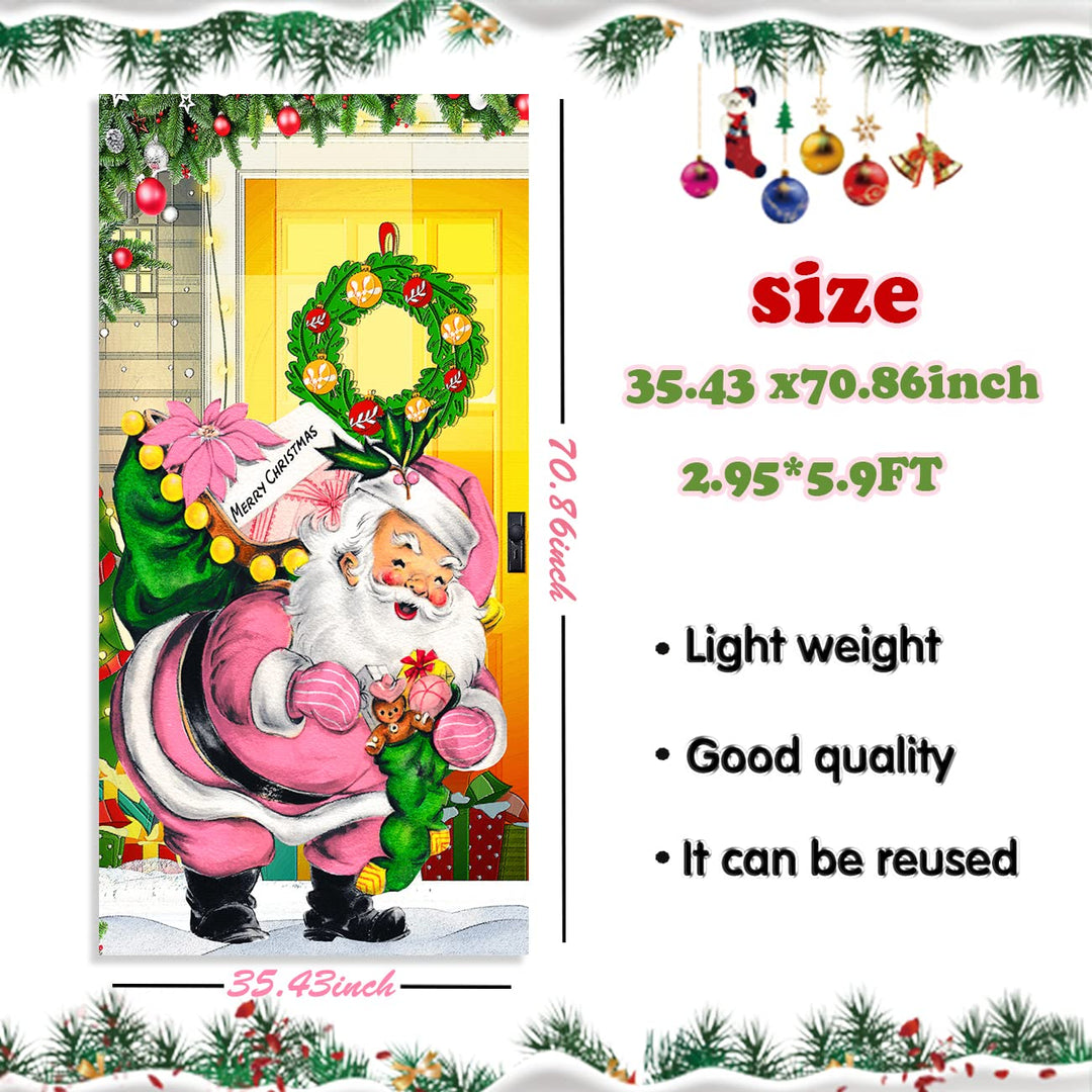 Chinthie Merry Christmas Decorations Pink Santa Claus Door Cover Backdrop Funny Xmas Hanging Banner Christmas Eve Porch Sign Photo Booth Prop for Year Indoor Outside Front Door Party Supplies