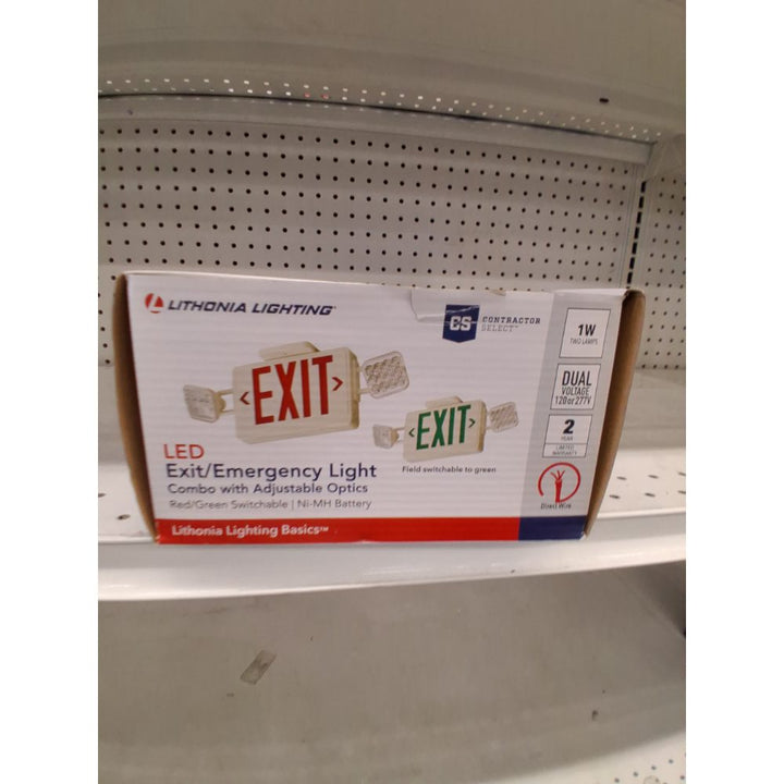 Lithonia Lighting Basics LED Exit Sign/Emergency Light Combo, Red/Green Switchable Exit Sign and Emergency Lights for Business, 2-Head Fixture, Square Lamp Heads, White (ECRG SQ M6)