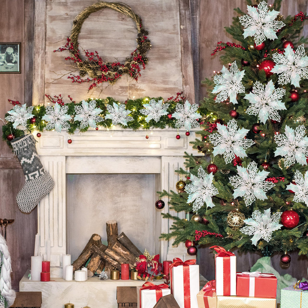 14 PCS Poinsettia Flower, 6.3" Artificial Poinsettia Christmas Decorations Glitter Poinsettias Christmas Ornaments Christmas Tree Flower Decor with Clips DIY Xmas Wreath Holiday Weed Home Party Decor