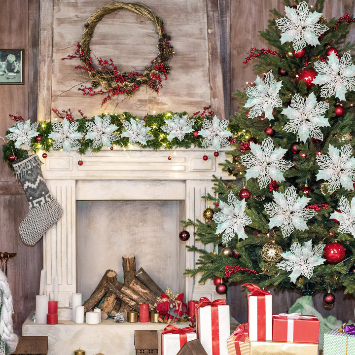 14 PCS Poinsettia Flower, 6.3" Artificial Poinsettia Christmas Decorations Glitter Poinsettias Christmas Ornaments Christmas Tree Flower Decor with Clips DIY Xmas Wreath Holiday Weed Home Party Decor