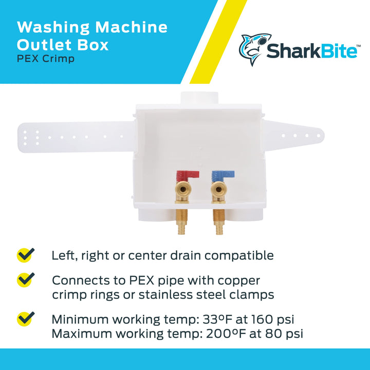SharkBite 1/2 Inch x 3/4 Inch MHT Washing Machine Outlet Box, Crimp Connections Brass Plumbing Fittings, PEX Pipe, Copper, CPVC, 25739