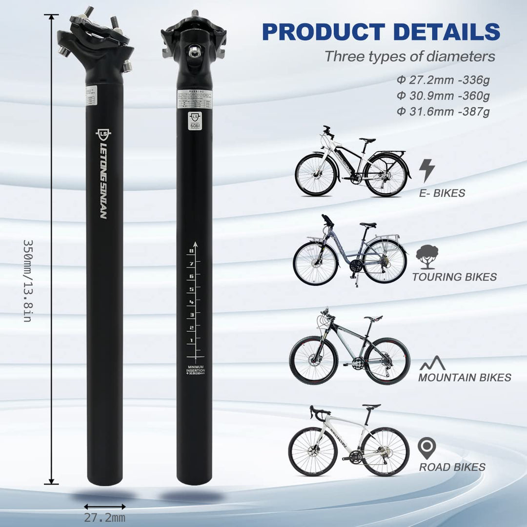 Bike Seat Post, Aluminum Alloy Bicycle Seat Post 27.2 / 30.9 / 31.6 * 350mm, Bike Seatpost for MTB Road Bike BMX