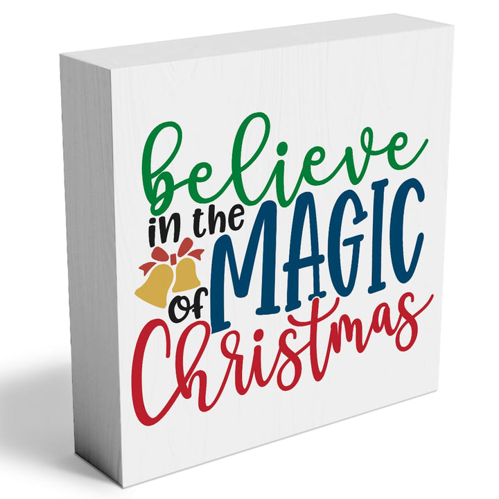 Funny Christmas Wooden Box Sign Plaque Believe in the Magic of Christmas Wood Box Sign Rustic Art Home Shelf Desk Decor 5 x 5 x 1 Inches
