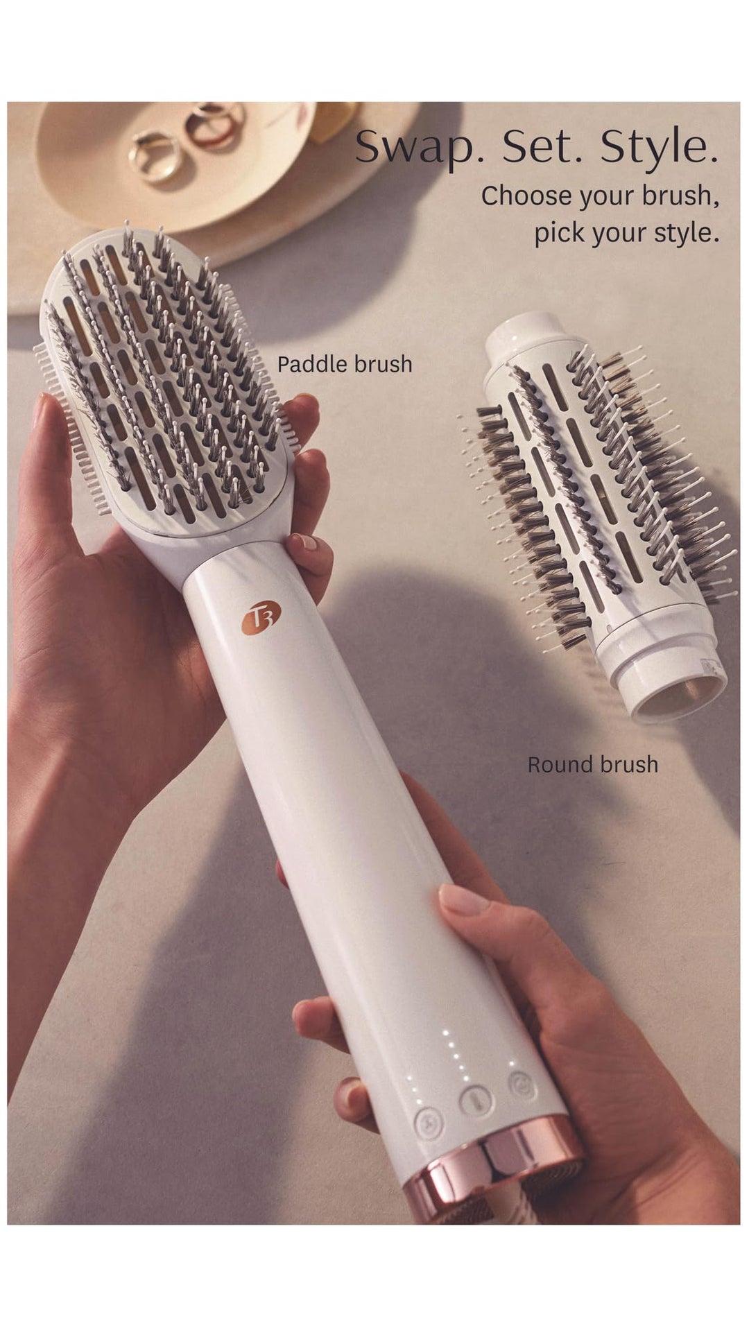 T3 AireBrush Duo Interchangeable Hot Air Blow Dry Brush with Two Attachments Includes 15 Heat and Speed Combinations, T3 IonFlow Technology, Volume Booster Switch, Lock-in Cool Shot