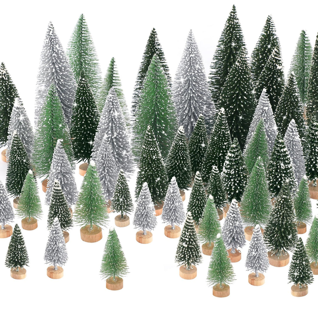 30Pcs Mini Christmas Tree Decor, Artificial Christmas Tree 5 Sizes,Mini Sisal Snow Frost Trees with Wooden Base for Christmas Decor Christmas Party Home Table Craft Decorations (Green/Ivory)