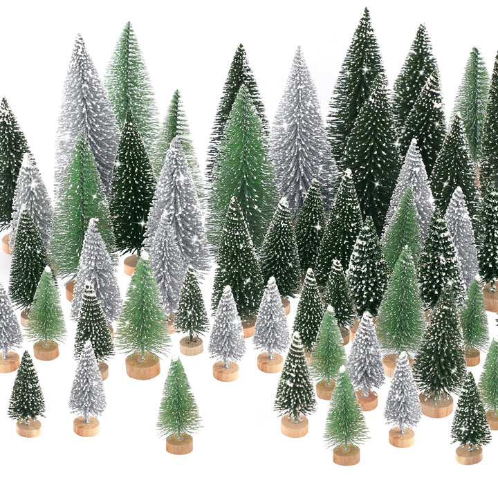 30Pcs Mini Christmas Tree Decor, Artificial Christmas Tree 5 Sizes,Mini Sisal Snow Frost Trees with Wooden Base for Christmas Decor Christmas Party Home Table Craft Decorations (Green/Ivory)