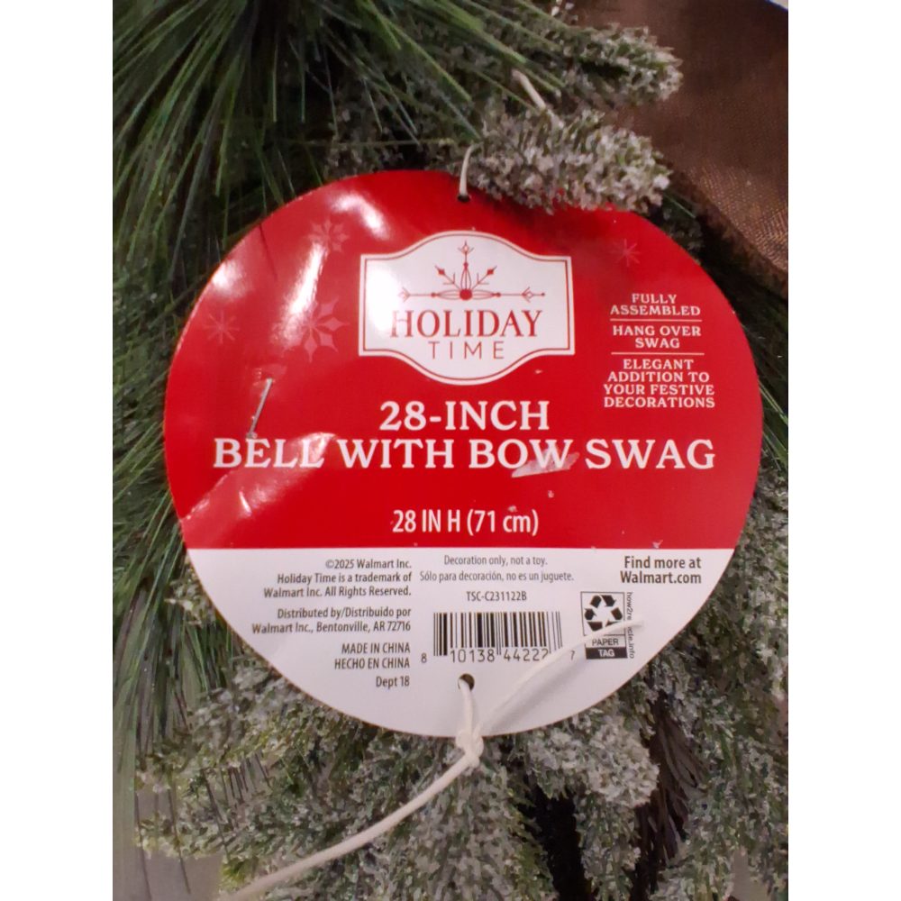 Holiday Time 28-Inch Bell with Bow Swag - Fully Assembled, Elegant Festive Decoration Retail $20.00