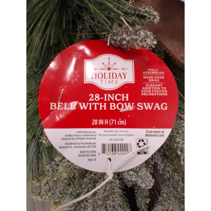 Holiday Time 28-Inch Bell with Bow Swag - Fully Assembled, Elegant Festive Decoration Retail $20.00
