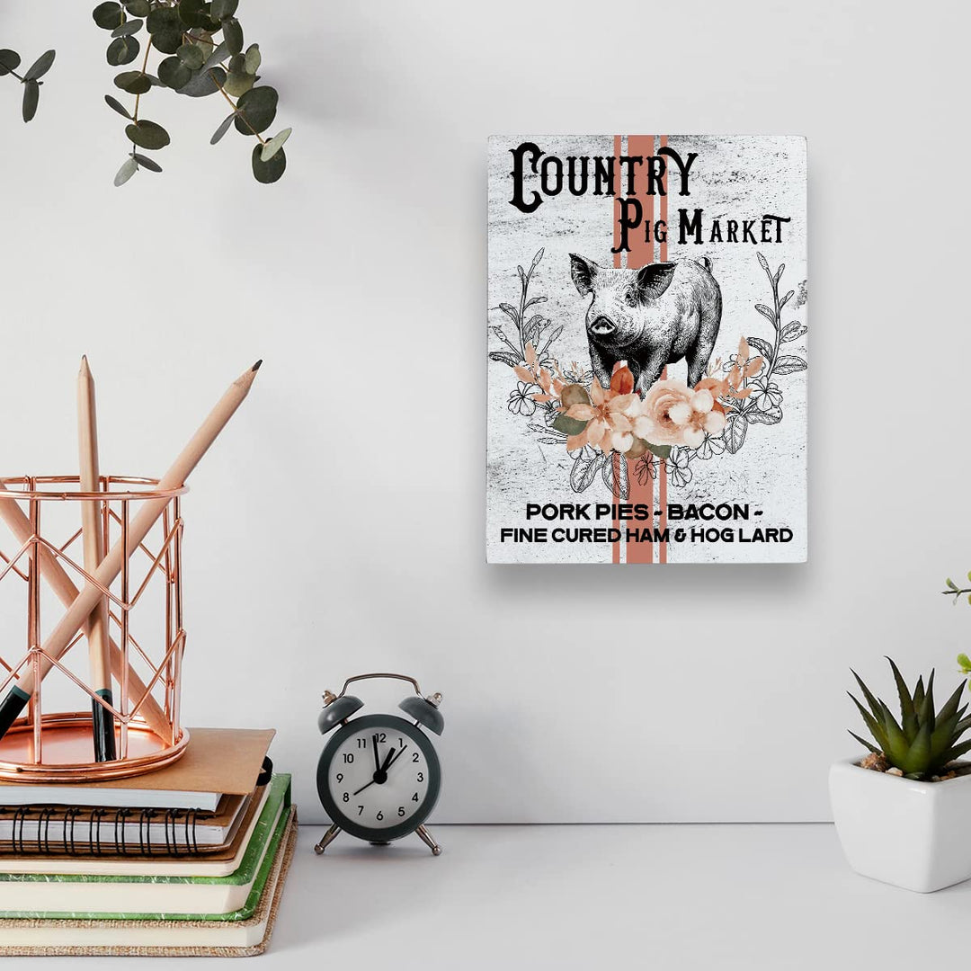 Farmhouse Country Pig Market Wooden Box Sign Pig Wood Block Tabletop Sign Decorative Desk Sign Home Kitchen Shelf Decor 5.8 X 7.8 Inches