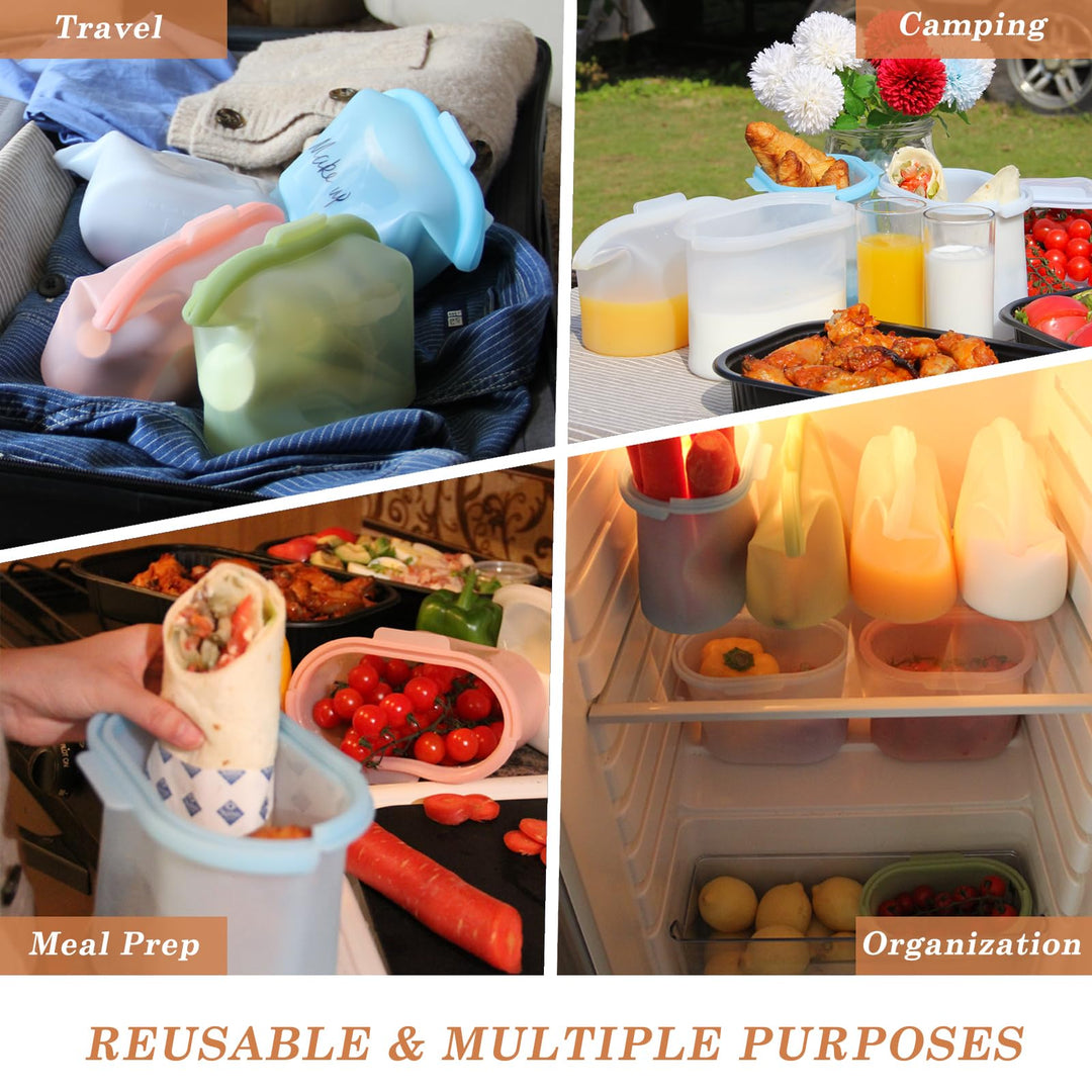 RUNROLE Versatile Reusable Silicone Containers Food Storage Bags 2 Pack Quart Size Large Opening Food Travel Bag Snack Sandwich Portable Lunch Bag Bowls -Upright Seal, Easy Cleaning (33 OZ/PC, White)