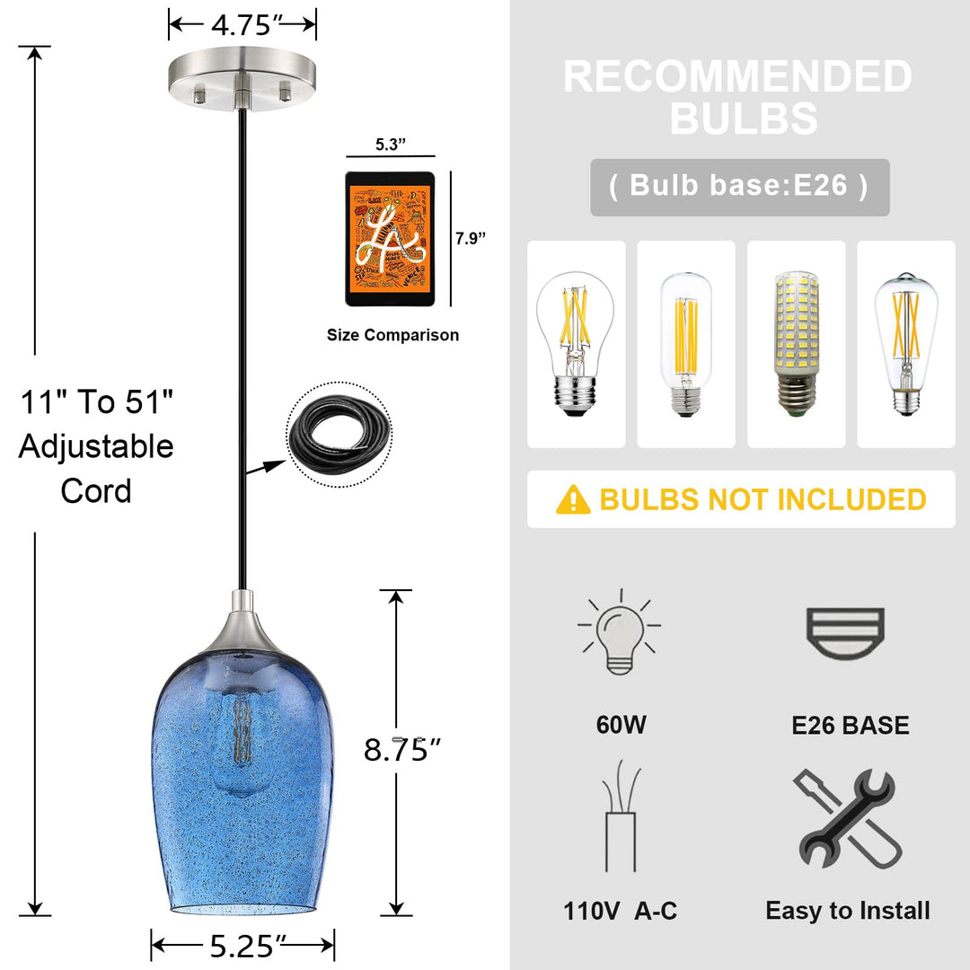 3 Pack 1 Light Hanging Indoor Kitchen Island Pendant Lights 5.1" Hand Blown Black Seeded Ancient Blue Glass Ceiling Light Fixtures Brushed Nickel Finish Modern Farmhouse Dinning Over Sink