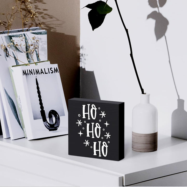 Funny Christmas Wooden Box Sign Plaque Ho Ho Ho Snowflake Black Wood Box Sign Rustic Art Home Shelf Desk Decor 5 x 5 x 1 Inches