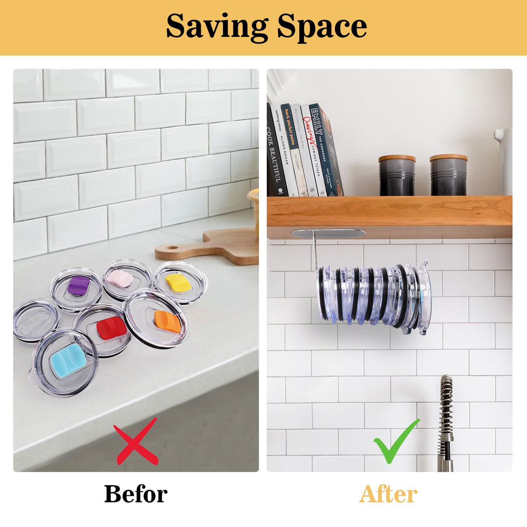 LeeSky 3 Pack Tumbler Lid Organizer, Tumbler Lid Holder Under Cabinet Lid Holder for Cups Water Bottle Lid Holder, Space Saving Cup Lid Organizer for Stanley Tumbler/Yeti Tumbler Lids - Silver