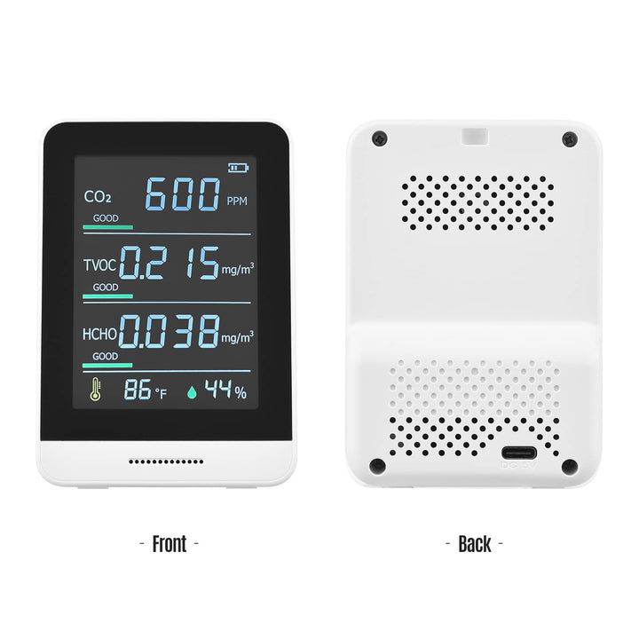 Lepmerk 5 in 1 Air Quality Monitor Measures CO2/TVOC/HCHO/Temperature and Humidity, Infrared Indoor Air Quality Tester with Alarm and Lanyard for Home, Office, Car Use