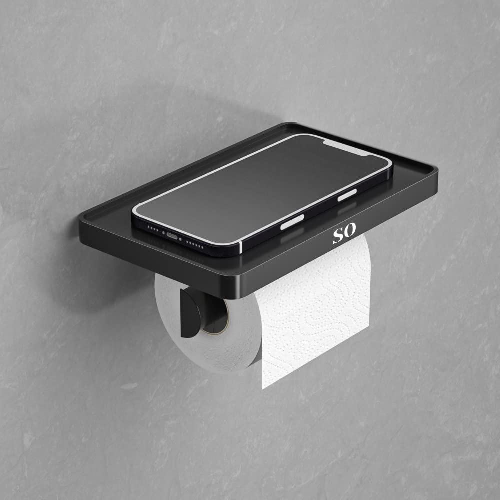 Step One Toilet Paper Holder with Shelf - Modern, Sleek Design - Phone/Accessories Holding Shelf - Matte Black - Adhesive Wall-Mount - Sturdy Easy Fixture, 1 min Installation, No Screws,