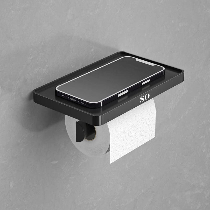 Step One Toilet Paper Holder with Shelf - Modern, Sleek Design - Phone/Accessories Holding Shelf - Matte Black - Adhesive Wall-Mount - Sturdy Easy Fixture, 1 min Installation, No Screws,