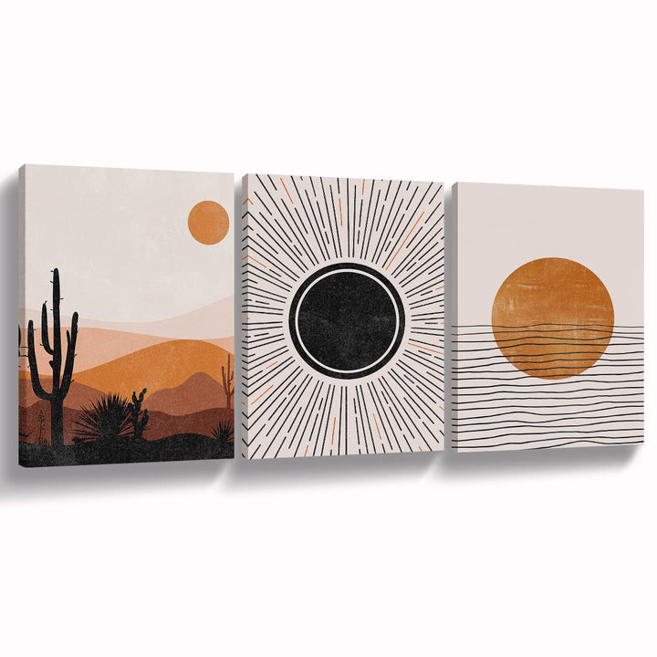 Abstract Sun Desert Cactus Sunburst Sun Rays Ocean Canvas Wall Art Prints Boho Themed Art Decor for Office Home Bedroom Living Room Girl Room,Boho Lovers Gifts,11Ã¢â‚¬Âx14Ã¢â‚¬ÂInch Set Of 3 Paintings Art Decor