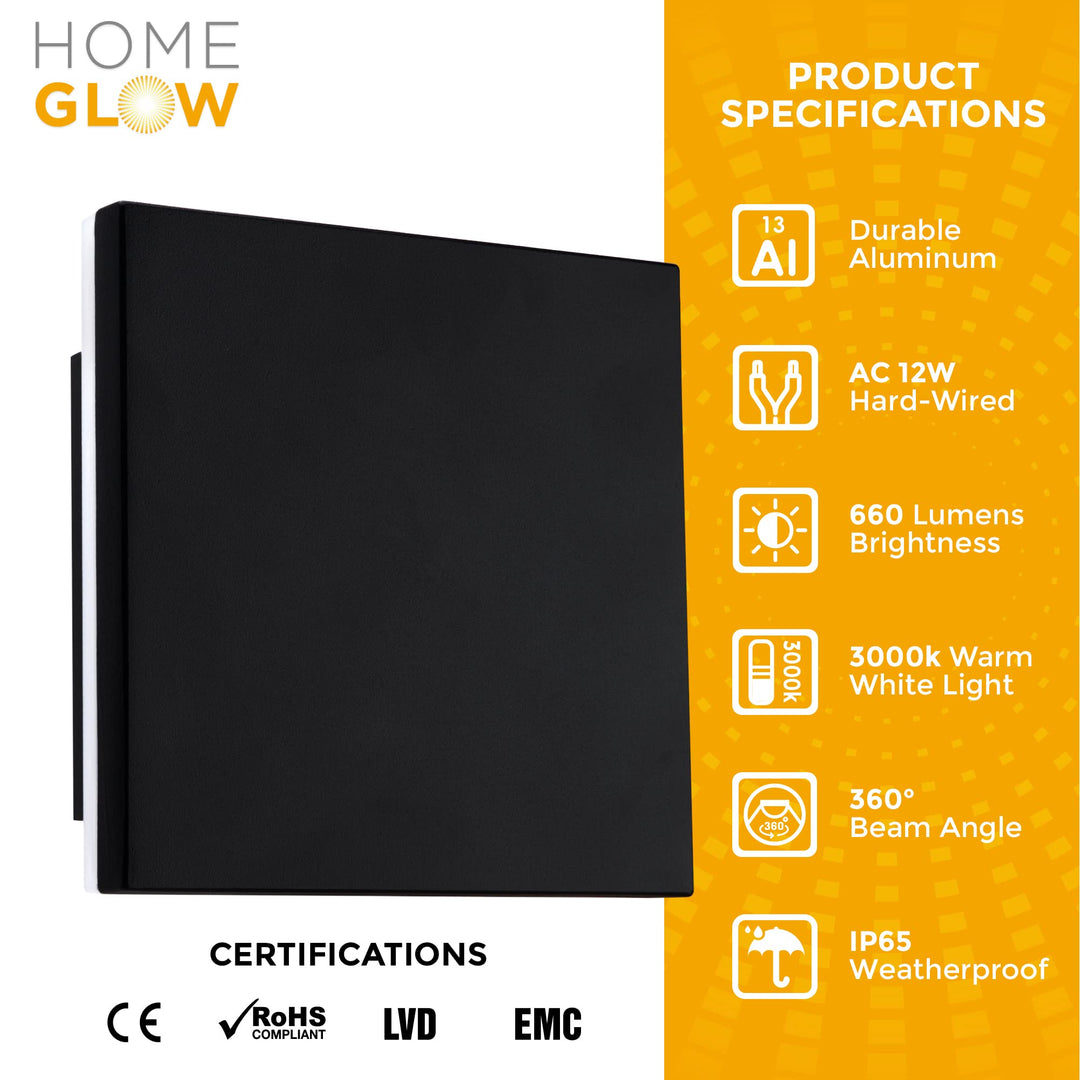 HOMEGLOW Edge LED Wall Light, Outdoor or Indoor Use. Black Modern Wall Sconce. Waterproof IP65. Warm White 3000k. AC 12W Hardwired. Durable Aluminum. Retail $52.00
