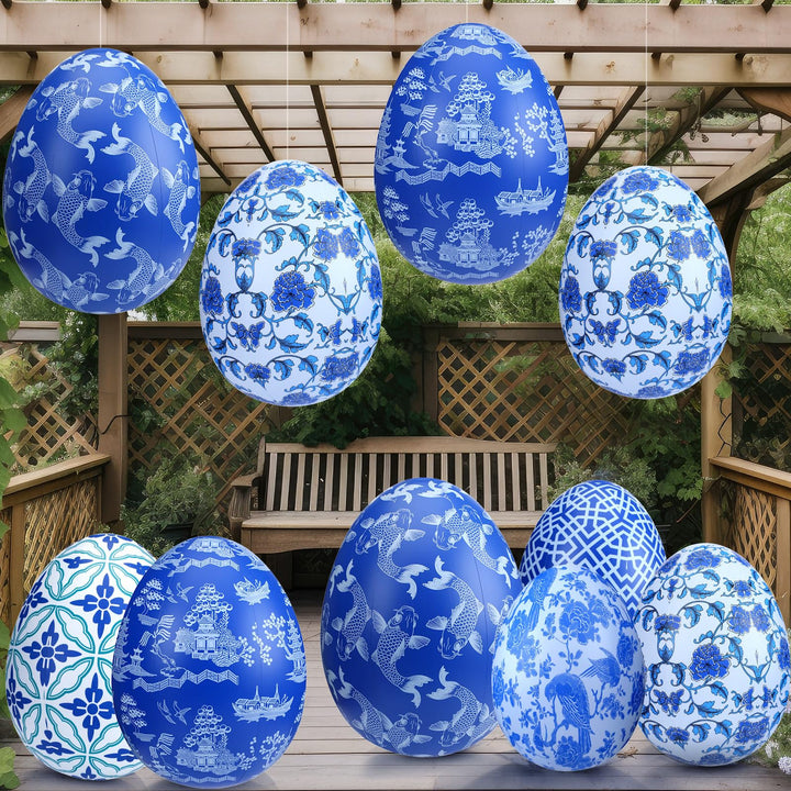 Lunmon 12 Pcs 16'' 24'' Inflatable Easter Eggs Decorations Chinoiserie Easter Inflatables Outdoor Decor Large PVC Blue White Inflatables Easter Eggs Hanging Ornaments for Yard, Lawn, Garden(16", 24")