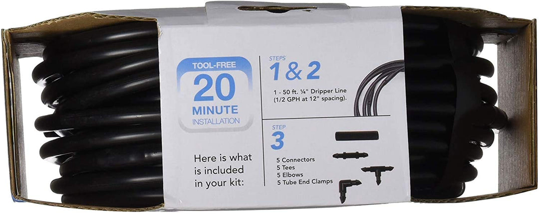 Raindrip R280DT Drip-A-Longâ„¢ 1/4 in. Dripline Kit includes 50 feet of 1/4-Inch Dripline preassembled with 1/2 GPH drippers, 5 Barbed Tees, 5 Barbed Elbows, 5 Barbed Couplings, 5 End Plugs