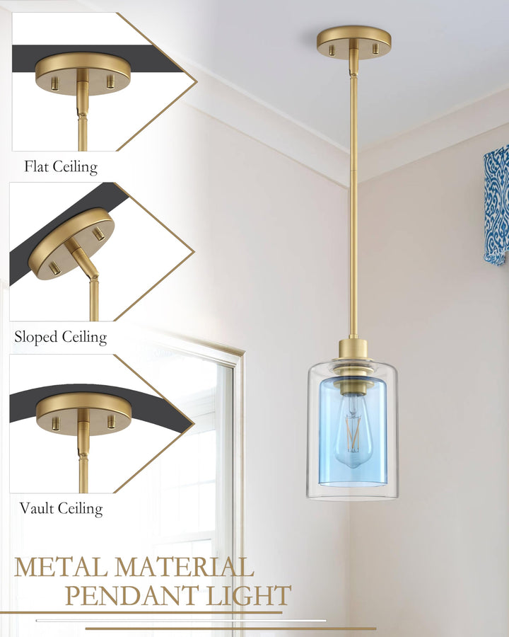 Dolaimi House 1 Light Indoor Mini Hanging Kitchen Island Pendant Light with Gold Finish,Clear Frosted Glass Chandelier Shade for Bar,Dining Room Over Sink (Blue Glass, 3 Pack)