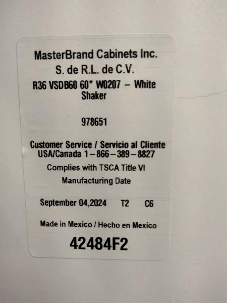 MasterBrand Cabinets Inc. R36 VSDB60, White Shaker Cabinet Retail $450.00