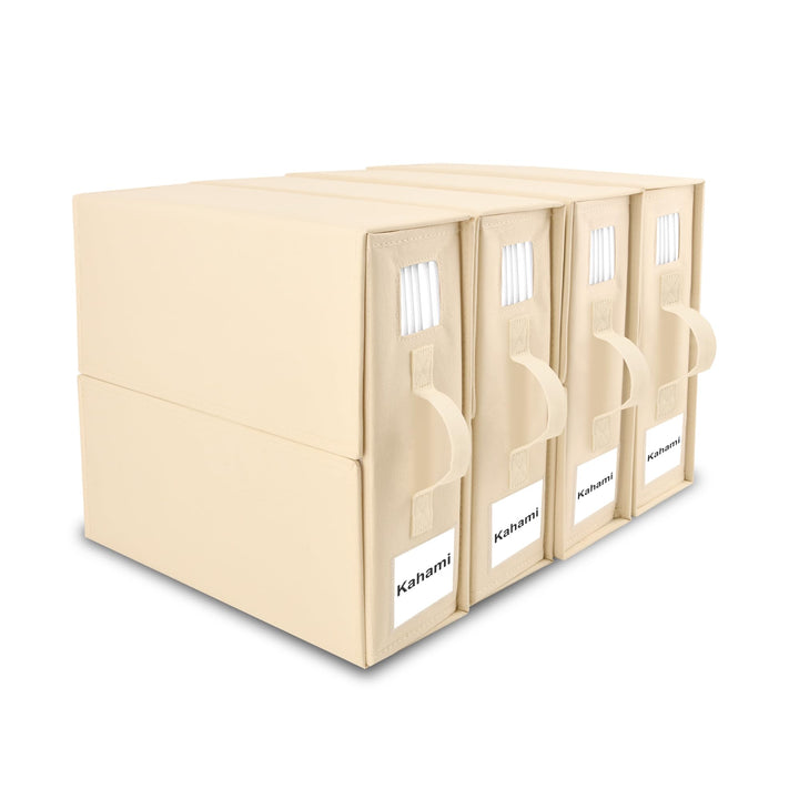 Kahami 4 Pack Bed Sheet Organizers and Storage, Foldable Sheet Organizer for Linen Closet, Bedding Sheet Set Organizer with Window (Queen & King Size), Beige