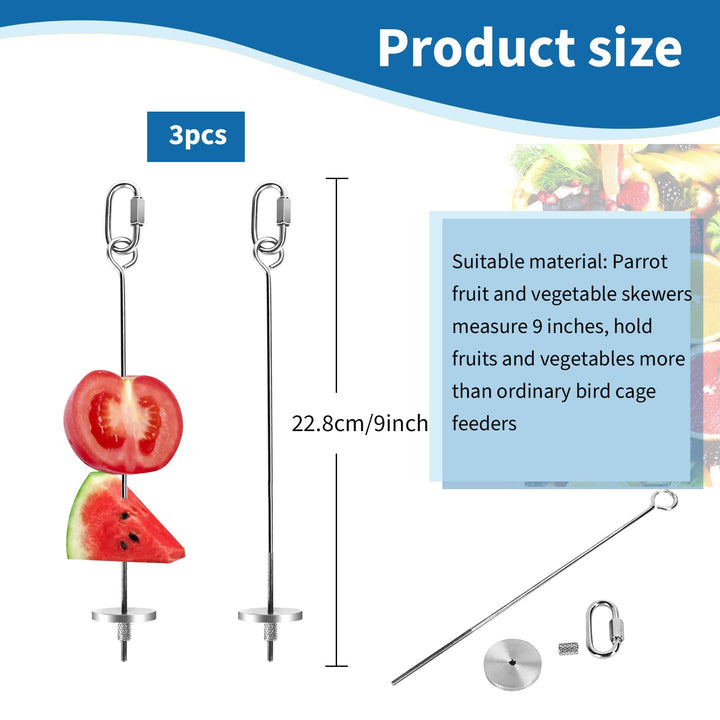Fansunta 3 Pieces Bird Cage Food Holder Bird Cage Feeder Stainless Steel Bird Parrot Skewer Foraging Hanging Food Feeder Bird Cage Accessories for Macaws, Small Parakeets, Conures, Budgies, Finches