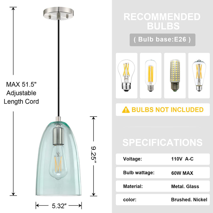 2 Pack 1 Light Indoor Hanging Kitchen Island Pendant Lights 5.3" Clear Green Glass Pendant Light Fixture,Brushed Nickel Finish Modern Farmhouse Dinning Over Sink