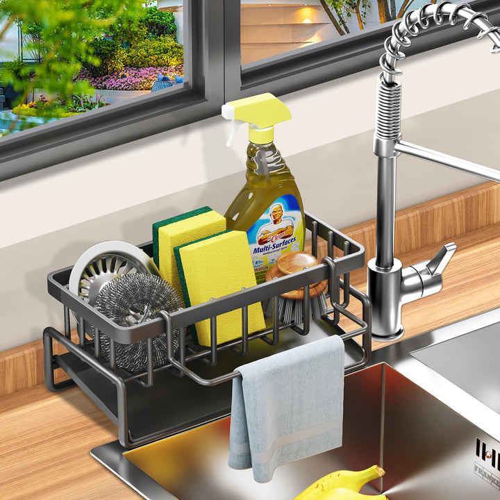 KOOSPACE Sponge Holder for Kitchen Sink, Kitchen Sink Caddy Organizer, Auto-Draining Sink Sponge Holder for Dish Brush Storage, Rustproof Steel Sponge Organizer with Removable Dish Cloth Rack (Black)