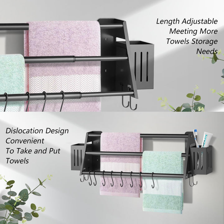 Towel Bars Freely Retractable 17-30 Inches Bathroom Towel Rack with Hooks and Storage Box,Matte Black 3-Tiers Ladder Towel Rails Free Hole Wall Mounted Adjustable,Multiple Towel Rack