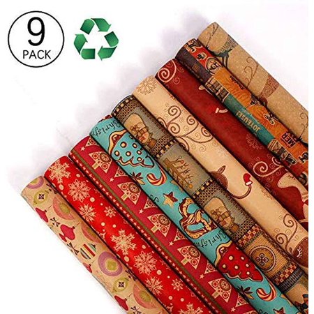 Christmas Wrapping Paper  Holiday Wrapping Paper  9 Pack Brown Kraft Paper  Snow  Christmas Tree  Snowman  Lantern and Color Elk (9-Sheets  30  X 20 )