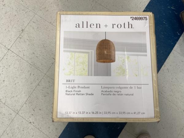 Allen + Roth BRIT, 1-Light Pendant - Black Finish, Natural Rattan Shade Retail $75.00