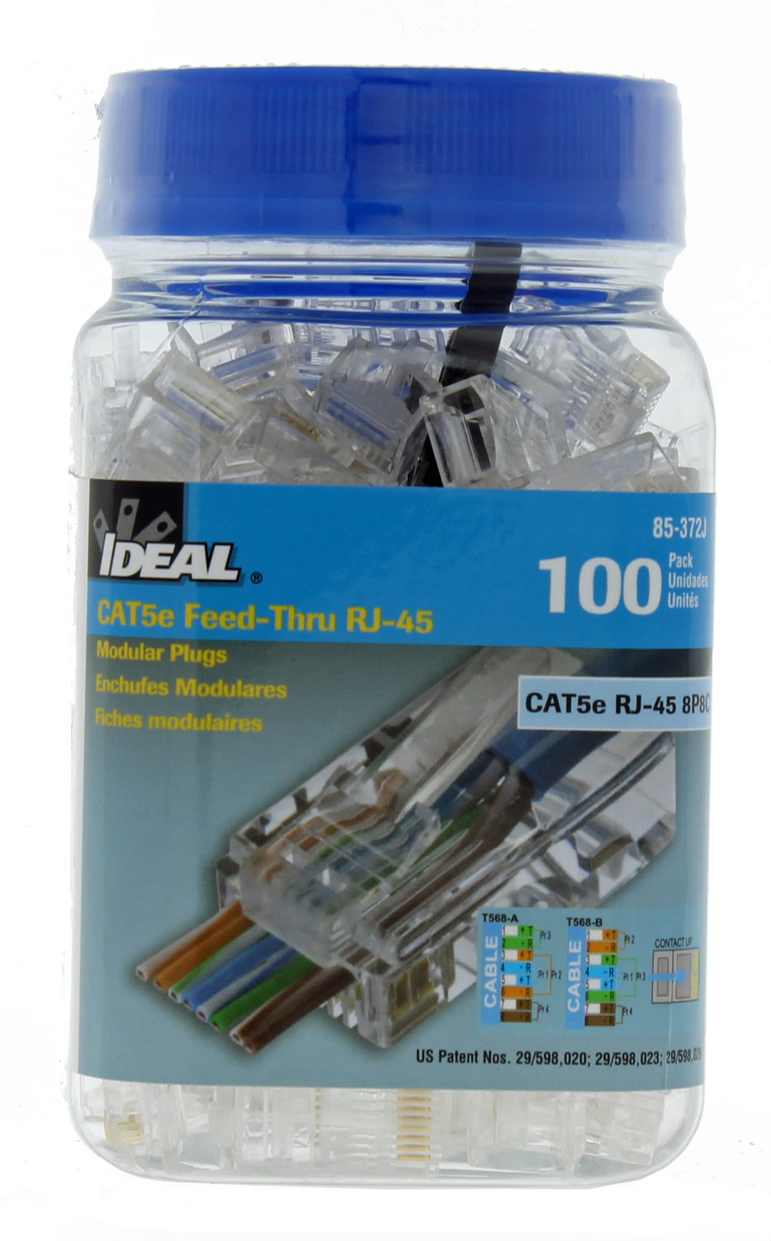 IDEAL INDUSTRIES INC. 85-372J 8P8C Single Piece Modular Plug, Feed-Thru Design RJ-45 Connector for CAT5e, Twisted Pair 100 MHz Cables, (100 Connectors, Jar)