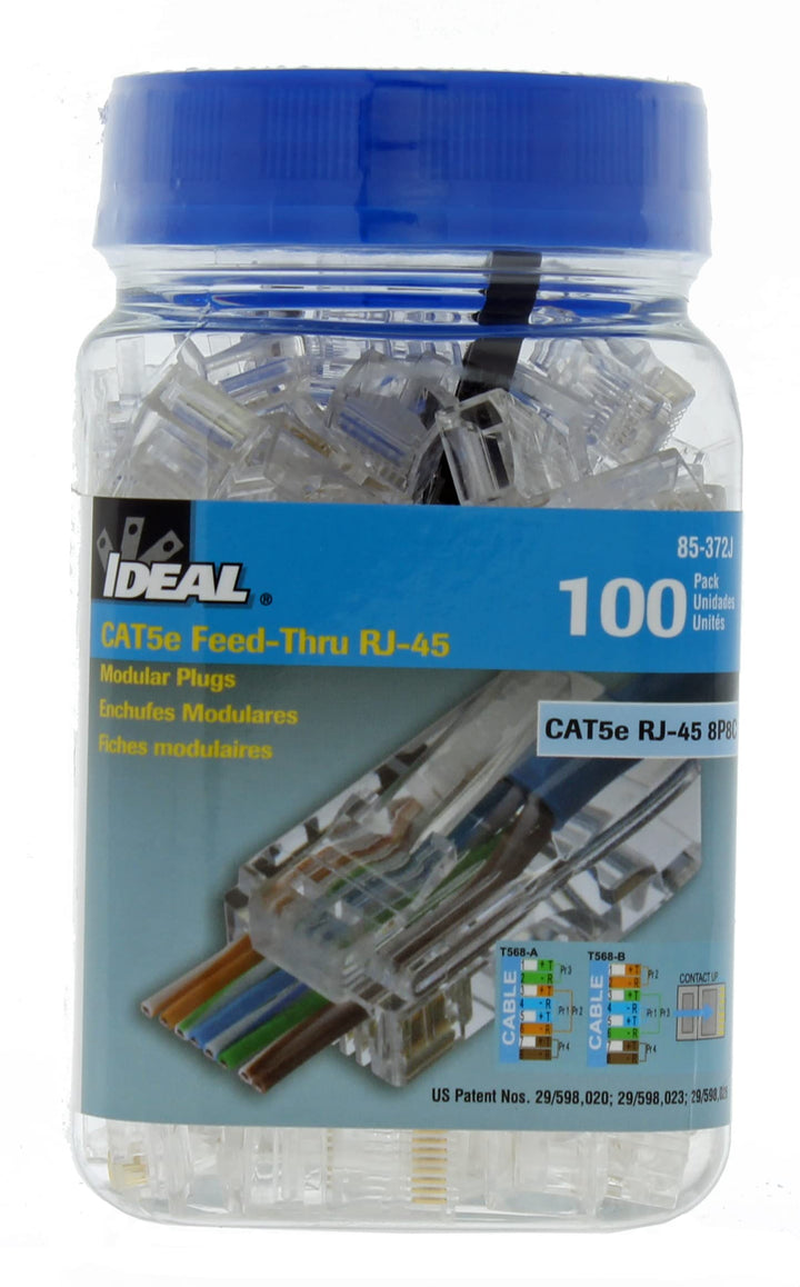 IDEAL INDUSTRIES INC. 85-372J 8P8C Single Piece Modular Plug, Feed-Thru Design RJ-45 Connector for CAT5e, Twisted Pair 100 MHz Cables, (100 Connectors, Jar)