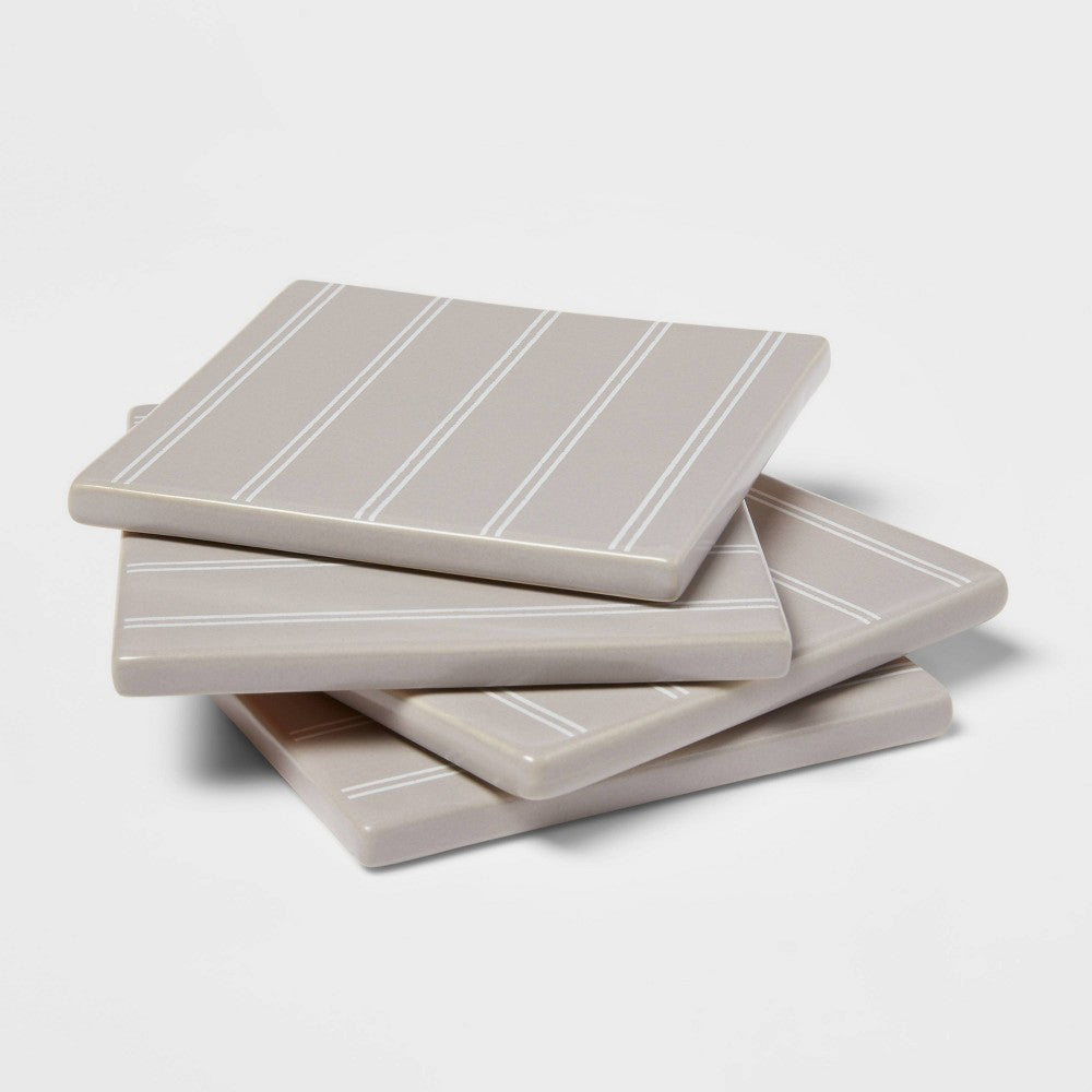 4pk Stoneware Striped Coasters Gray - Threshold™ Retail $10.00