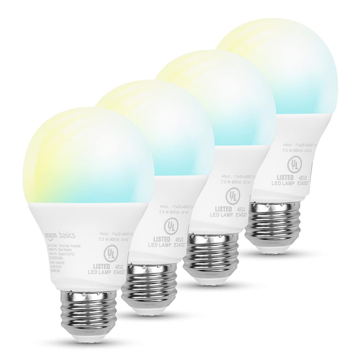 Amazon Basics Smart Indoor LED Light Bulb, Sunset-to-Midnight Activated, Works with Alexa Only, Tunable White, 7.5 W, 4-Pack