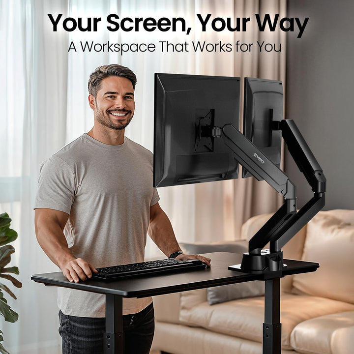 EVEO Premium Dual Monitor Mount 14"-32â€ Dual Monitor Arm VESA Bracket Adjustable Height Gas Spring Dual Monitor Stand, Screen Full Motion Dual Monitor Arm-Computer Monitor Stand for 2 Screens - Black