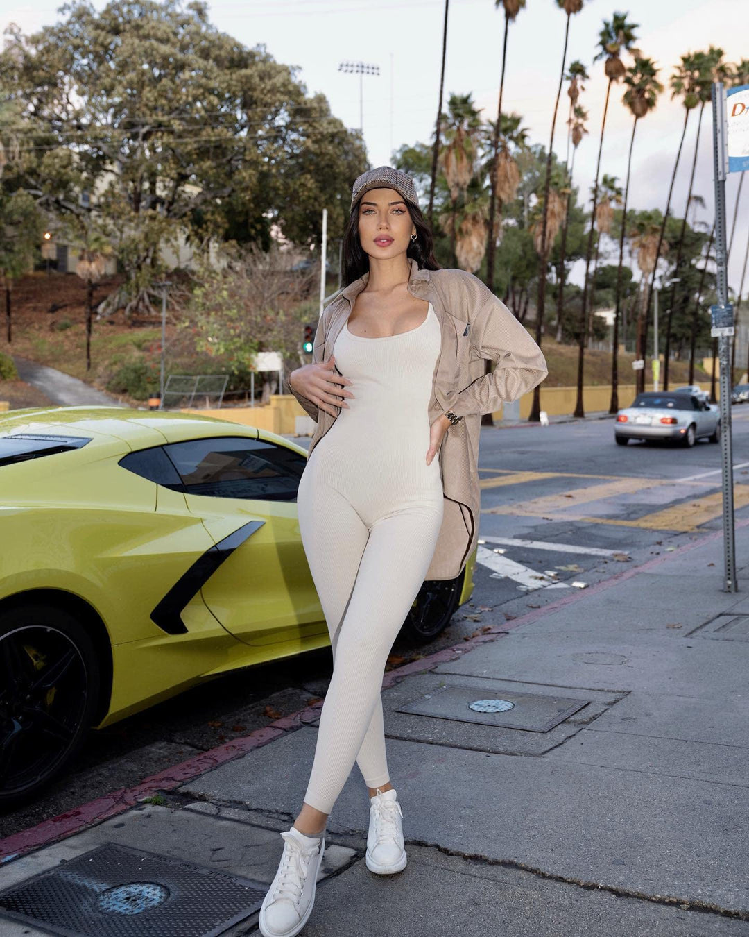 TOB Women Yoga Jumpsuits Workout Ribbed Sleeveless Square Neck Exercise Jumpsuits Beige