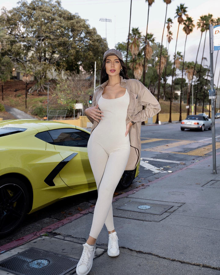 TOB Women Yoga Jumpsuits Workout Ribbed Sleeveless Square Neck Exercise Jumpsuits Beige