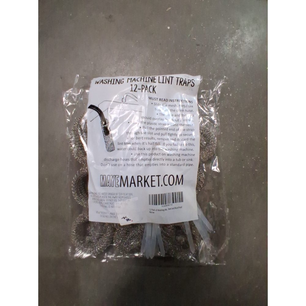 12 Pack of Washing Machine Lint Traps. Comes with 12 Ties. Attach to Your Washer Sink Hose and Allow the Metal Mesh Trap to Filter the Laundry Water. Stainless Steel and Rust Proof. Retail $8.00